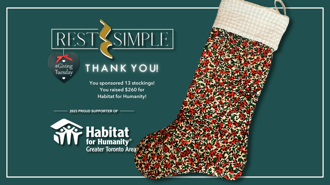 A title card image that shows Rest Simple heirloom stocking with the words "thank you" and a description of how the Giving tuesday campaign was successful.