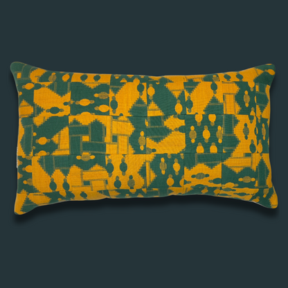 12" x 21" Green and Gold Kente Quilt Effect Cotton Lumbar Pillow