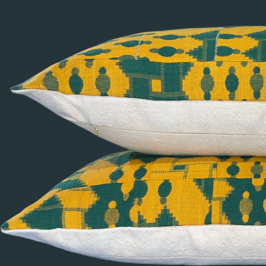 12" x 21" Green and Gold Kente Quilt Effect Cotton Lumbar Pillow
