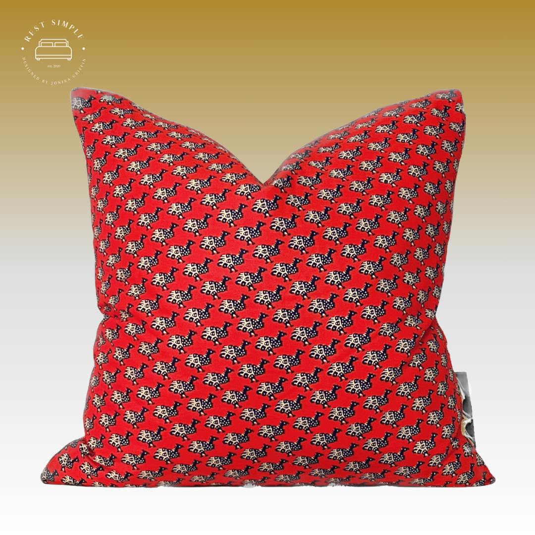 18" Blue Bird on Red Ankara Pillow with Duck Feather Insert