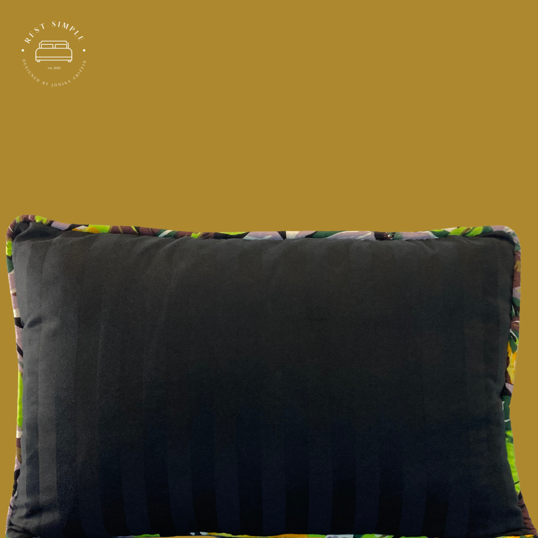 11" x 19" Alfie Black Damask Striped Cotton Rectangular Lumbar Pillow with Vintage Tropical Floral Print Welting