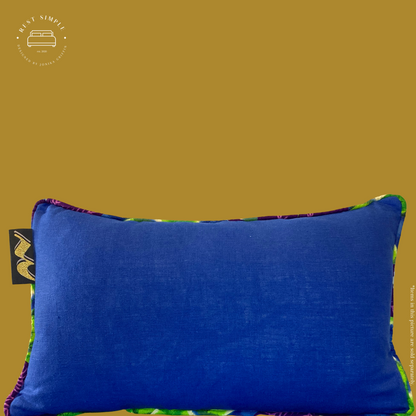 12" x 21" Purple Bloom Royal Blue Linen Pillow with Ankara Print Welting