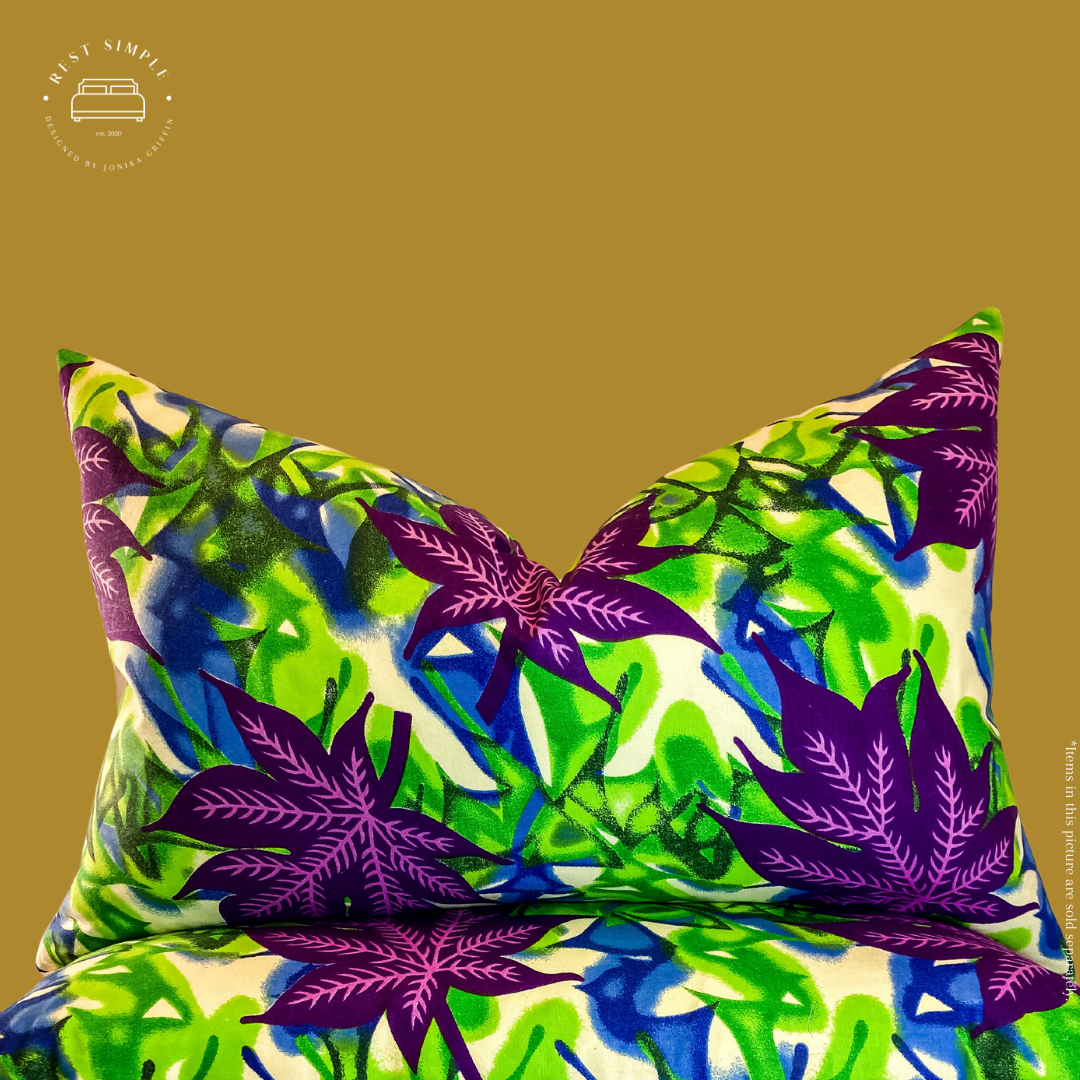15" x 25" Purple Bloom Ankara Cotton Wax Print and Crisp White Linen Lumbar Pillow
