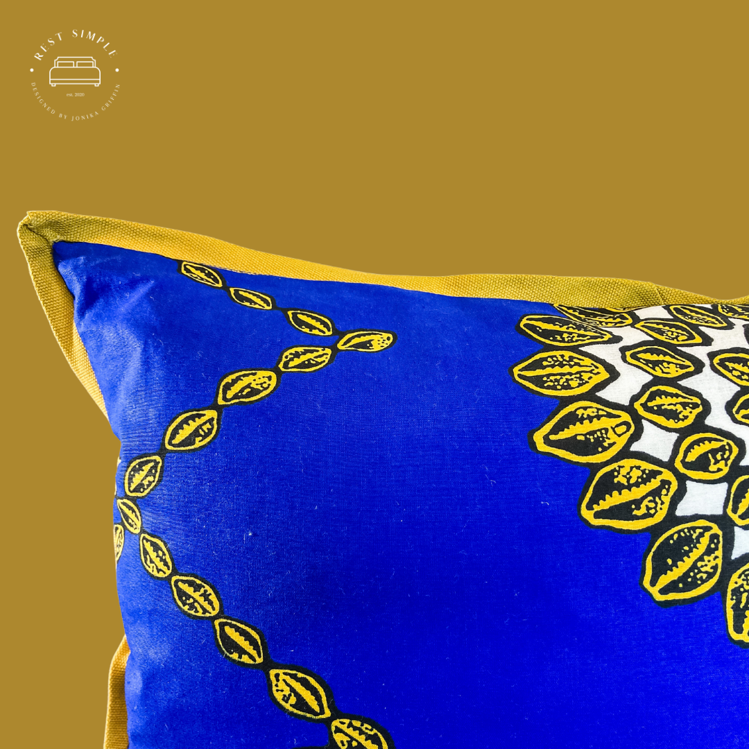 12" x 21" Royal Ankara Cotton Seashell Motif Wax Print in Blue with Gold Yellow Cotton Flange