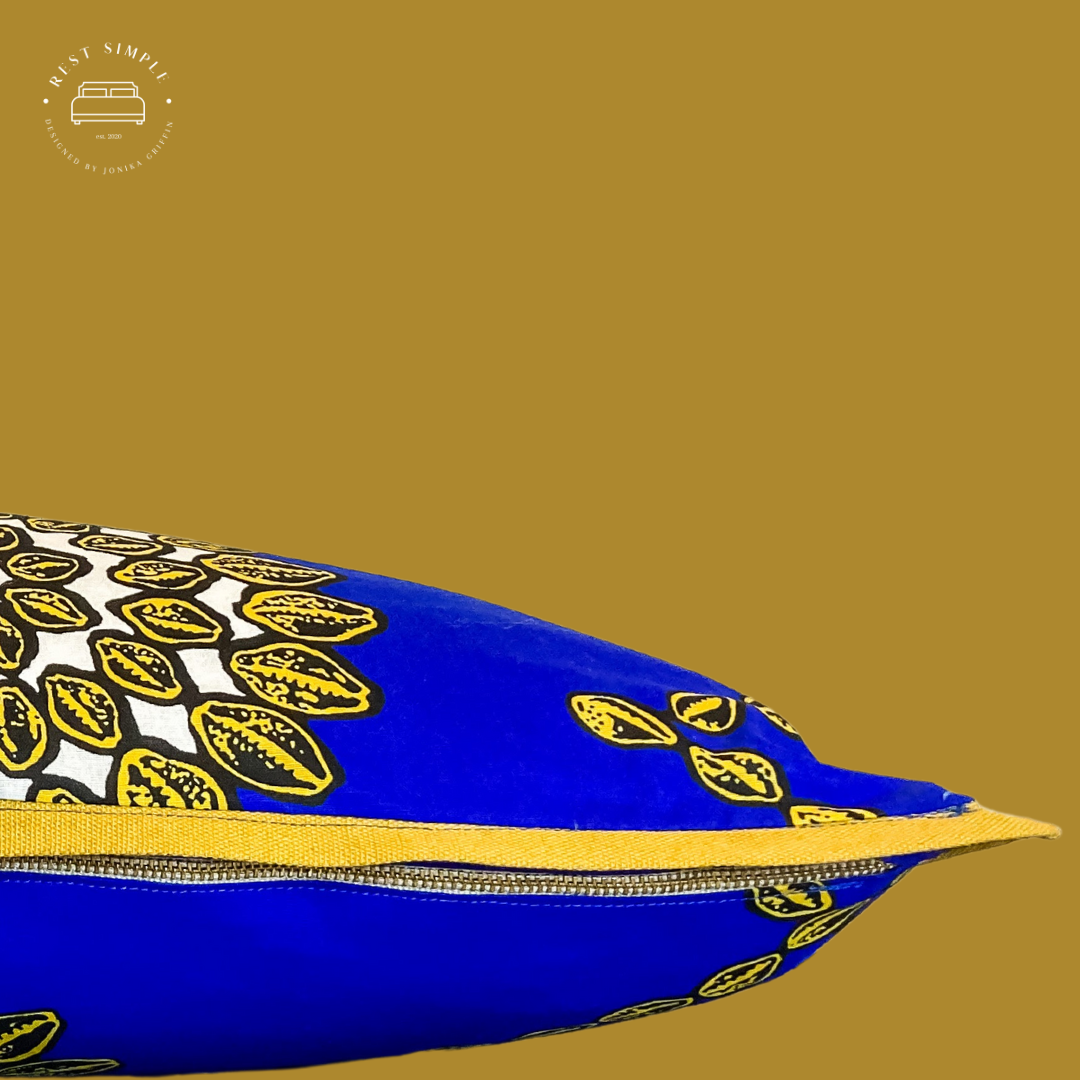 12" x 21" Royal Ankara Cotton Seashell Motif Wax Print in Blue with Gold Yellow Cotton Flange