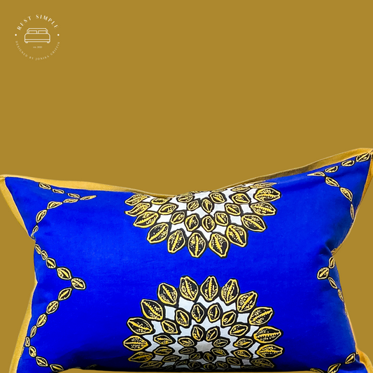 11" X 19" Royal Ankara Cotton Seashell Motif Wax Print in Blue with Gold Yellow Cotton Flange