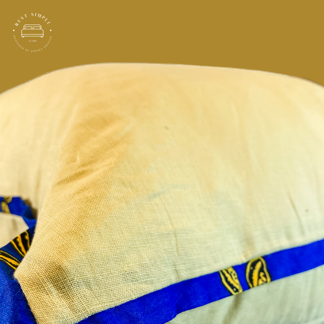 26" Royal Ankara and Gold Linen Euro Square Pillow with Royal Blue and Seashell Motif Wax Print Flange