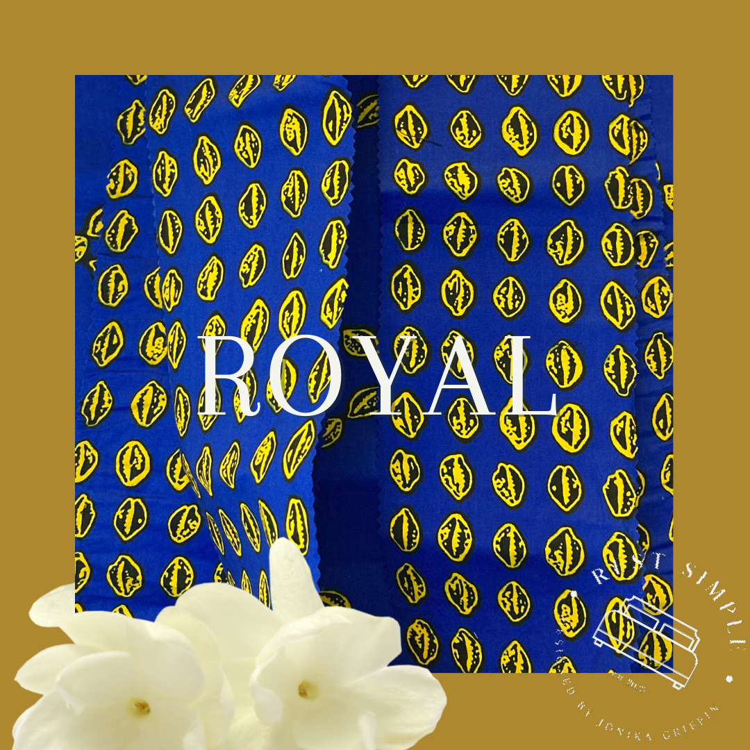 26" Royal Ankara and Gold Linen Euro Square Pillow with Royal Blue and Seashell Motif Wax Print Flange